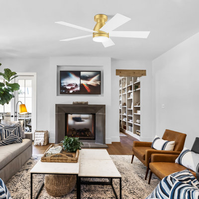 42 Inch Smart Modern Gold Dimmable LED Light Ceiling Fan Outdoor Indoor Remote,Alexa,APP Control Flush Mount Low Profile 6-speed Reversible Quiet DC Motor with White Plywood Blades Color Change for Farmhouse,Dining Room,Living Room
