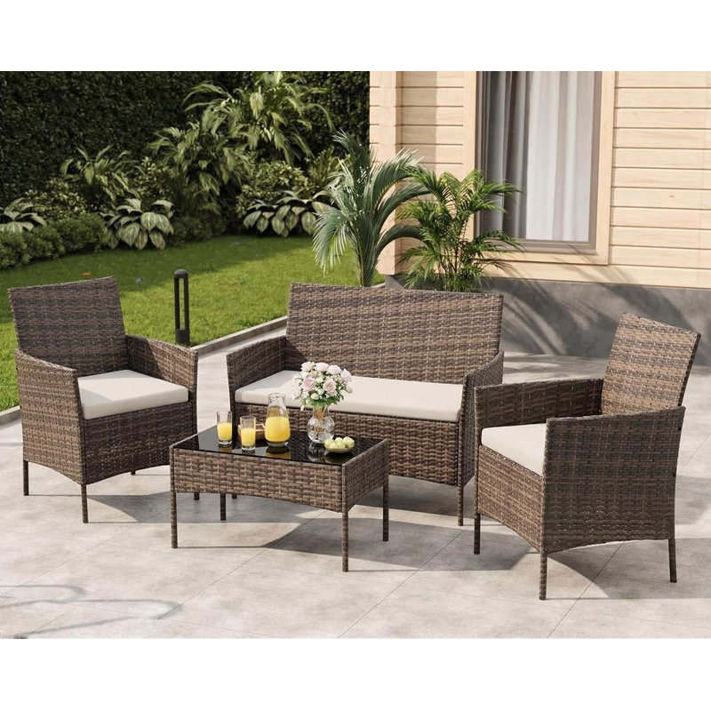 4-Piece Outdoor Furniture Set, PE Rattan Wicker Chairs with Soft Cushions & Tempered Glass Coffee Table - All-Weather Patio Set for Garden, Backyard, Porch, Poolside (Gradient Brown/Beige)