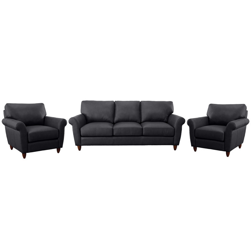 Ensemble de canapé et de deux chaises 100% cuir fleur Buxton, Noir