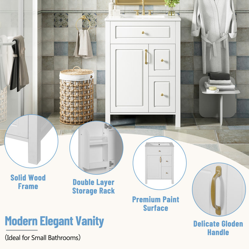 24"Bathroom Vanity With Ceramic Sink, 1 Soft-Close Door, 2 Soft-Close Drawers & Double Door Storage Racks – Compact Rustic Cabinet