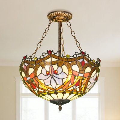 3 - Light Vintage Baroque Stained Glass Semi Flush Mount Lighting Dimmable