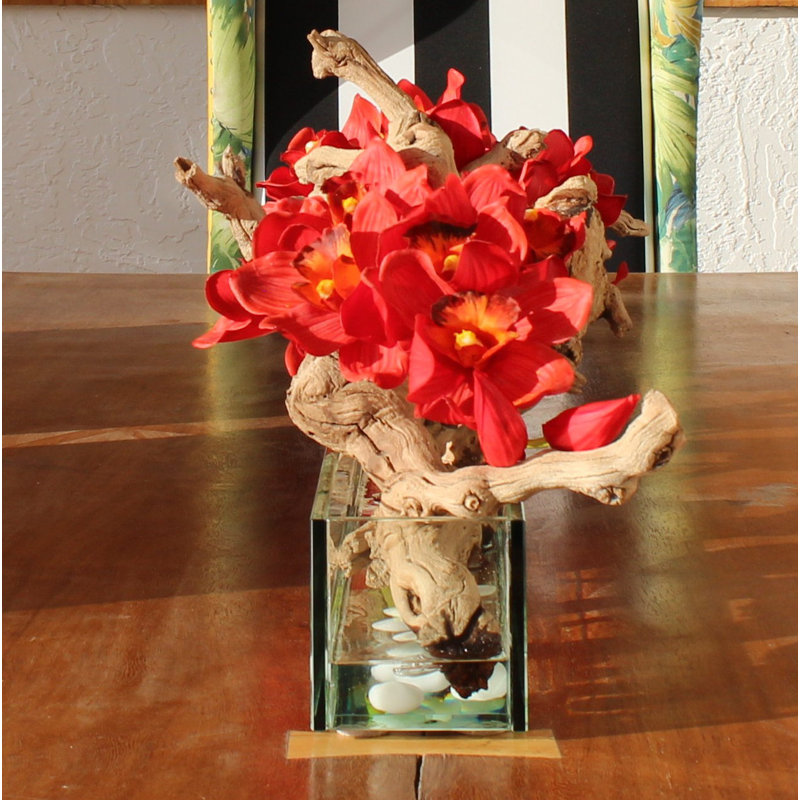 Driftwood Cymbidium Orchids Centerpiece in Glass Planter, 16" H x 48" W x 4" D, Red