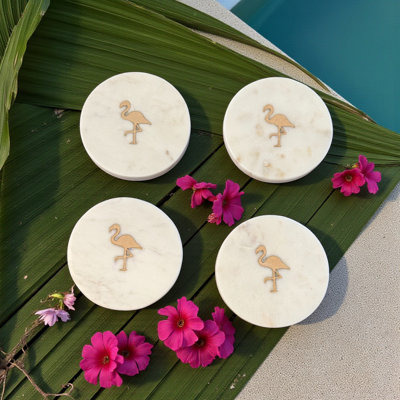 Set of 4 Flamingo Marble Coasters - White