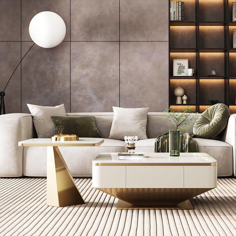 Luxury No Assembly Needed 2-Piece Coffee Table Set with Gold Base Storage Drawer Cofee Table for Living Room