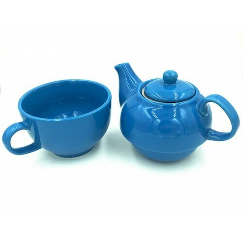 Théière blanche avec tasse, Bleu