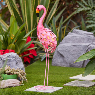 Finck Birds Animals Pink Flamingo Outdoor Metal Garden Statue with Solar Light