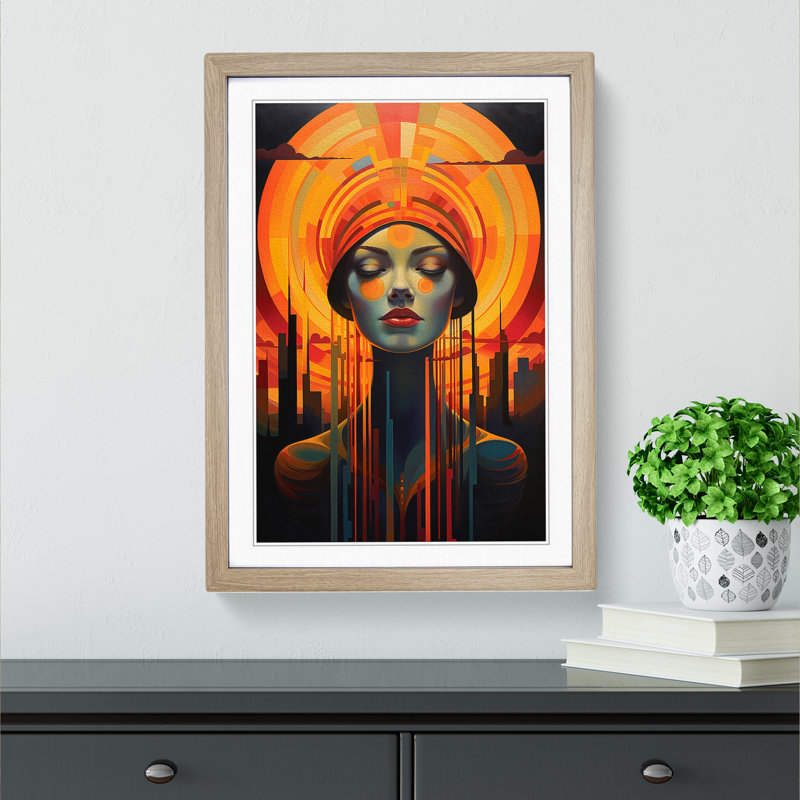 Sunset Art Deco No.2 - Framed Print, 34cm H x 25cm W x 2cm D, Oak