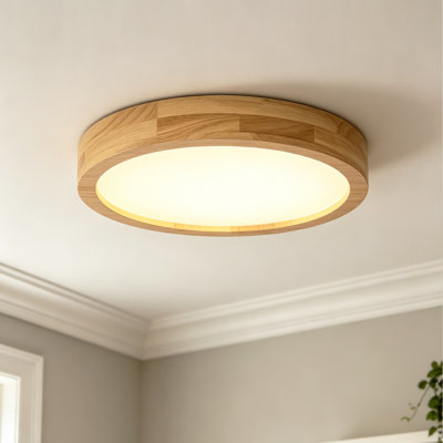 Modern Round Wood LED Flush Mount Ceiling Light, 5CCT Color Changing Dimmable Light Fixture