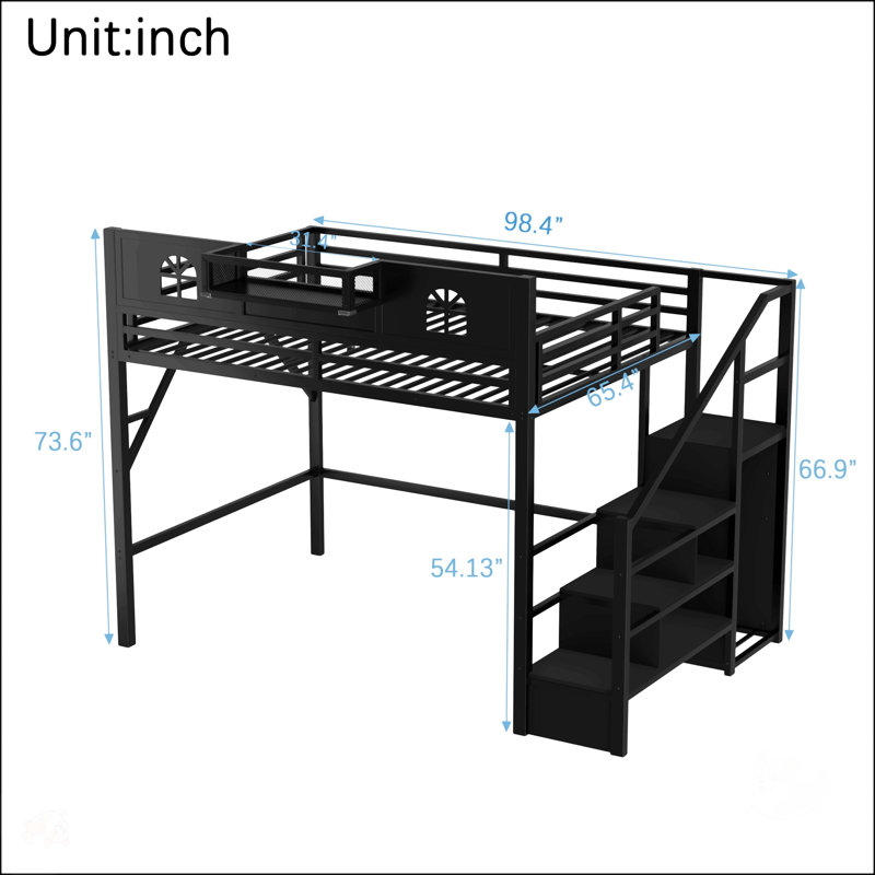 Grand lit mezzanine en métal avec escalier, garde-corps élevés et garde-robe intégrée pour une utilisation maximale de l'espace