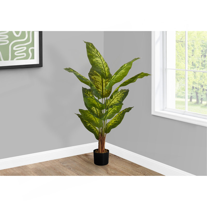 Arbre à feuilles persistantes de 47 pouces, plante artificielle, 12 feuilles de soie avec pot noir
