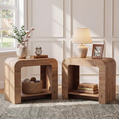 27.6" Farmhouse End Table with Rounded Corner Design, Side Table with 2-Tier Storage Shelf, Nightstand for Living Room, Bedroom
