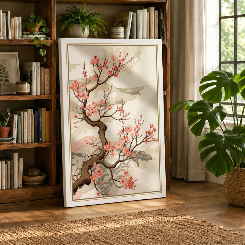 Cherry Blossom Branch Japandi - Wrapped Canvas, 18x12 - 45.7 x 30.5 cm, White Border