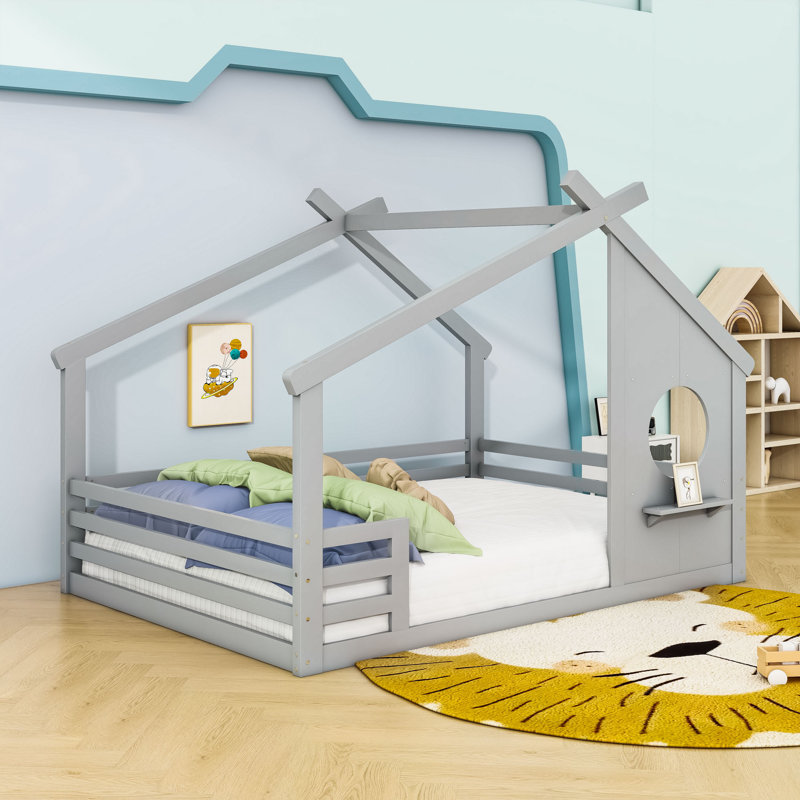 Lit maison avec fenêtre et tablette, rails, Gris, Double