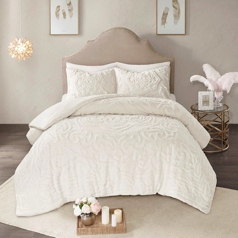 Édredon simple / simple TG - médaillon 100% coton chenille, Édredon simple + 1 pièce supplémentaire, Blanc cassé