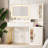 42" Fluted Vanity Desk with Mirror & Lights, Makeup Vanity with Storage Drawer & Glass Cabinet, 3 LED Light Modes, Power Outlet for Bedroom