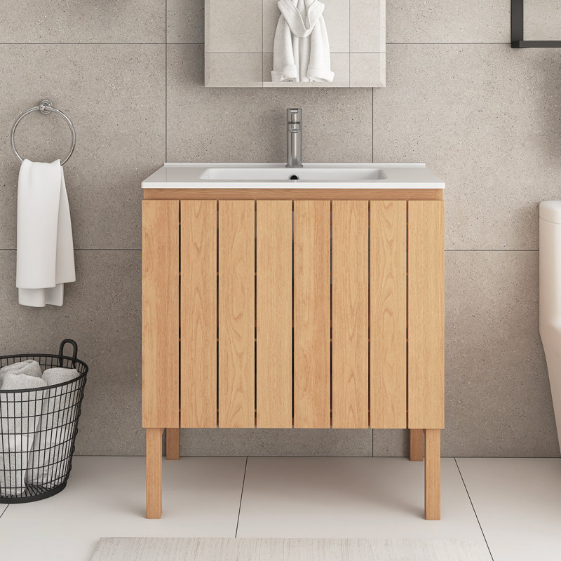 Meuble-lavabo simple autoportant 30 po en chêne avec plateau en acrylique blanc