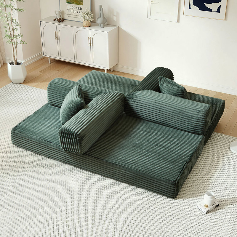 Hartwig 80"W Convertible Folding Sofa Bed, Corduroy Upholstered King Size Compression Foam Floor Couch In a Box, Green
