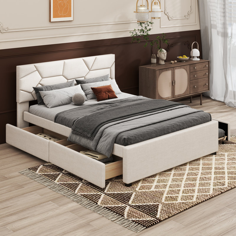 Stephenia Upholstered Platform Storage Bed, Queen, Beige