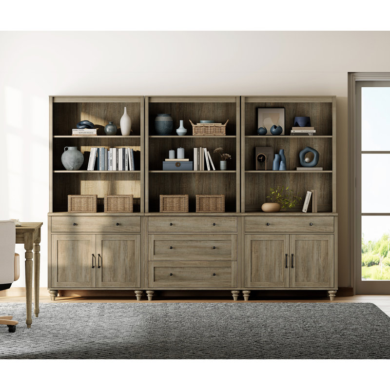 Scarlett 72.1"H X 101.6"W Bookcase With 5 Drawers And 2 Cabinets, Tall Book Case With 3-Tier Open Book Shelfs, Large Wood Bookcases Farmhouse Bookshelves For Living Room Bedroom Home Office Kitchen, 72''