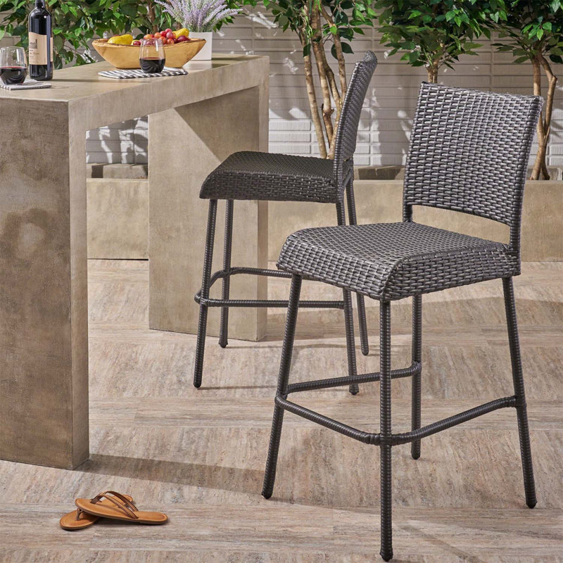 Ensemble de 2 tabourets de bar 29 po en rotin PE sans accoudoirs, gris, durables et confortables, Gris