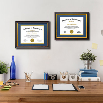 Diploma Frames 8.5x11 with Mat or 11x14 without Mat,2 Pack Certificate Document Frame with Real Glass,Black Gold & Burgundy Molding(Blue/Gold Double Mat)