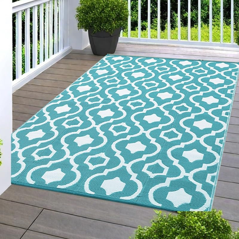Reversible Outdoor Rug 8x10ft/6x9 ft/9x12ft, Waterproof 320GSM PP Patio Rug with Carry Bag & Stakes, Portable Plastic Camping Mat in
