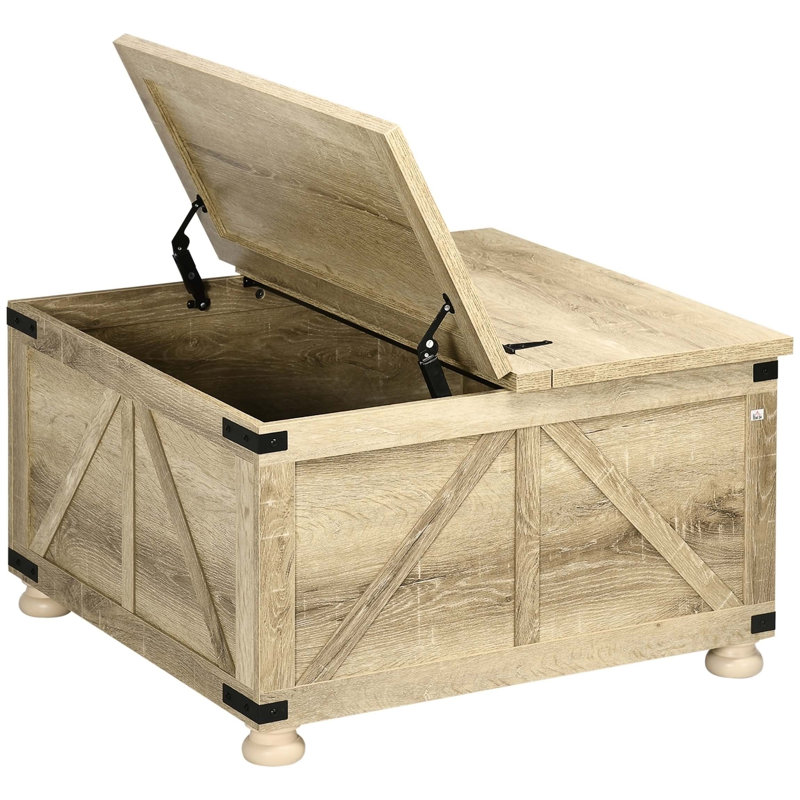 Antwinette Coffee Table, Square Centre Table With Flip-Top Lids, Hidden Storage Compartment And Wooden Legs, Oak, Oak