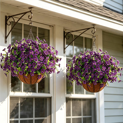 2 Pcs Artificial Faux Hanging Plants Flowers Basket for Summer Outdoor Outside Decoration, Fake Silk UV Sun Resistant Look Real Colorful Daisy Eucalyptus for Porch Home Patio Balcony Yard，Set of 2