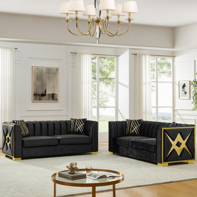 Velours de luxe 3 places avec structure dorée et quincaillerie semblable à la foudre, 81,1 pouces, pour le salon, noir, structure métallique moderne, dossier à boutons, accoudoirs carrés, coussins moelleux,
