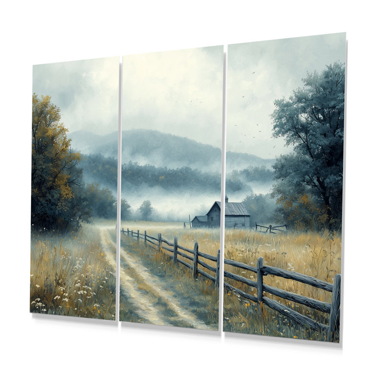«Blue Green Misty Valley Farmhouse III», ensemble d'art mural de ferme, Métal métal, H 28 po x l 36 po x P 1 po
