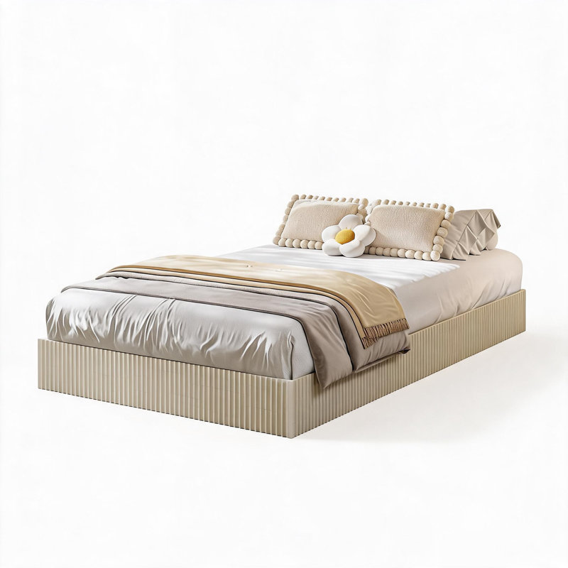 Structure de lit, structure de lit plateforme moderne en bois cannelé, conception à profil bas sans tête de lit, plateforme de matelas encastrée, support de lattes en bois silencieux pour la chambre à coucher