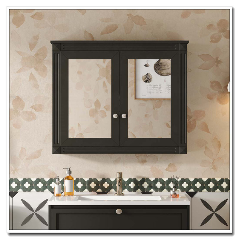 Armoire de rangement murale pour salle de bain, armoire à miroir avec 2 tablettes réglables, Noir