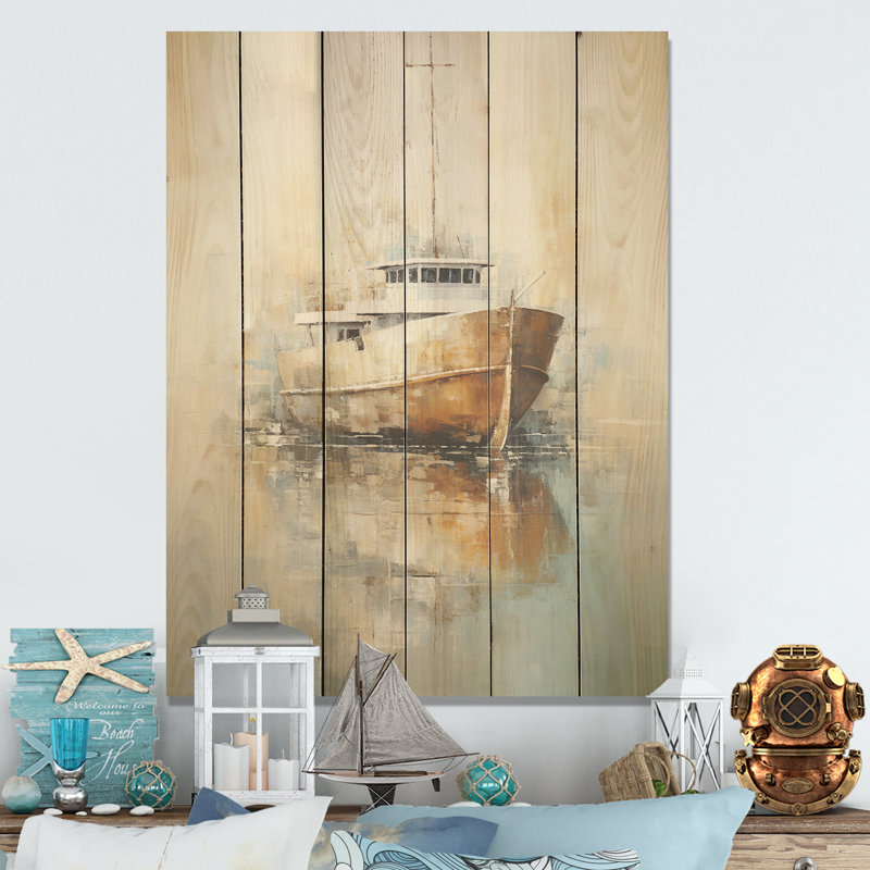 Minimalisme, bateau de pêche Horizon I - bateau côtier, art mural sur bois de pin naturel, H 20 po x l 10 po