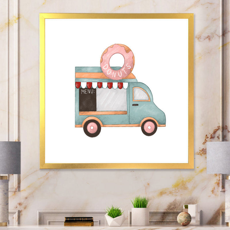 Art rétro sur toile, Donut Van Kiosk, Encadrement doré, H 30 po x l 30 po x P 1 po