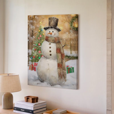 Canvas A Festive Winter Scene Featuring A Cheerful Snowman Wearing A Wall Art Black Top Hat And A Colorful Striped Scarf Standing In Canvas Wall Art