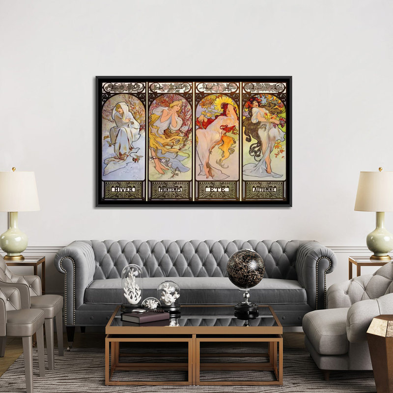 "Les Saisons" par Alphonse Mucha, impression sur toile tendue, H 18 po x l 26 po x P 1,5 po, Toile avec cadre noir