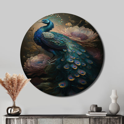 Paon avec fleurs - animaux, art rond en métal