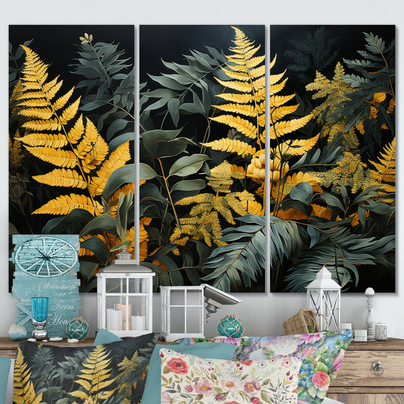 Fougères jaunes - Oasis dorée - Ensemble de décoration murale en métal floral
