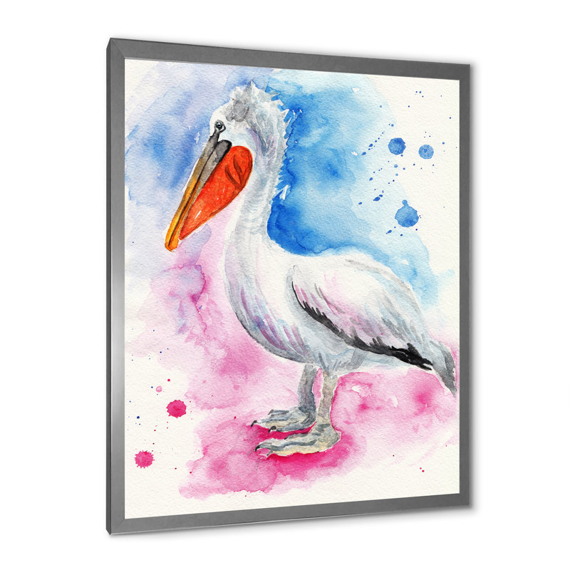 Pélican bleu et rose, H 40 po x l 30 po x P 1,5 po, Impression argent sur toile encadrée