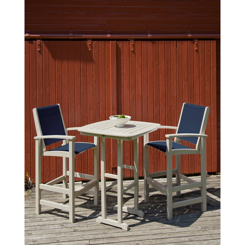 POLYWOOD Coastal 3-Piece Bar Set, Sand/Navy Blue