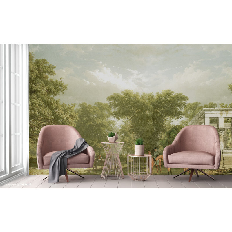 Scenic Countryside Mural With Classical Ruins, Light Green, 118" L x 225" W