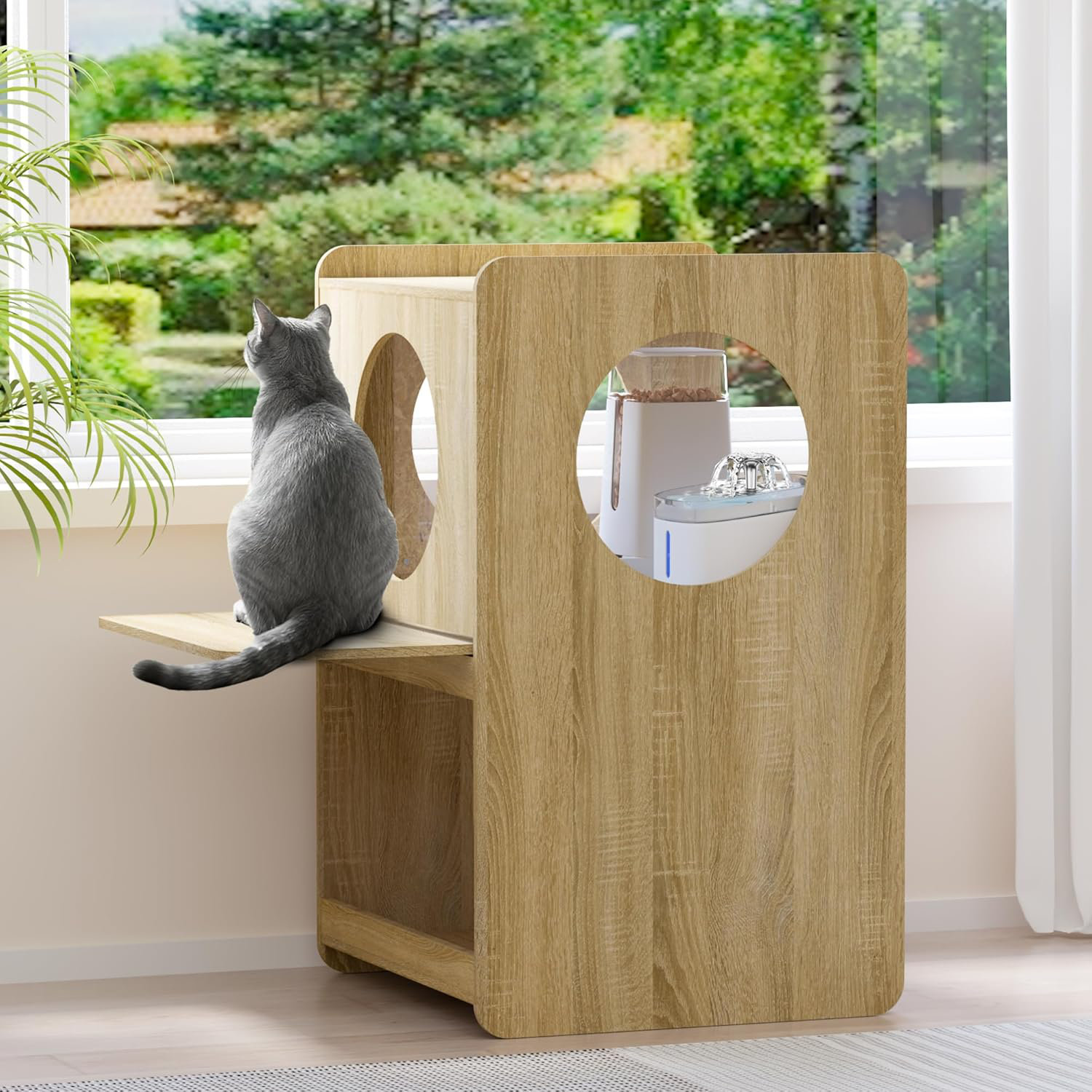 Dog-Proof Cat Feeding Table with Elevated Pull-Out Bowl Shelf and Window Perch