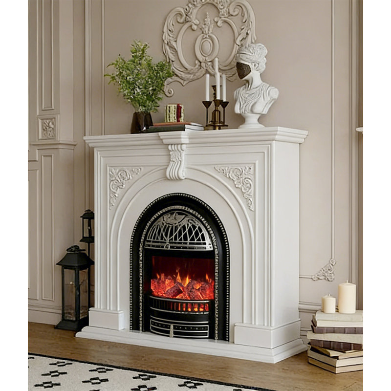Foyer décoratif français en bois massif à flamme simulée, Blanc, H 43,31 po x l 51,18 po x P 13,78 po
