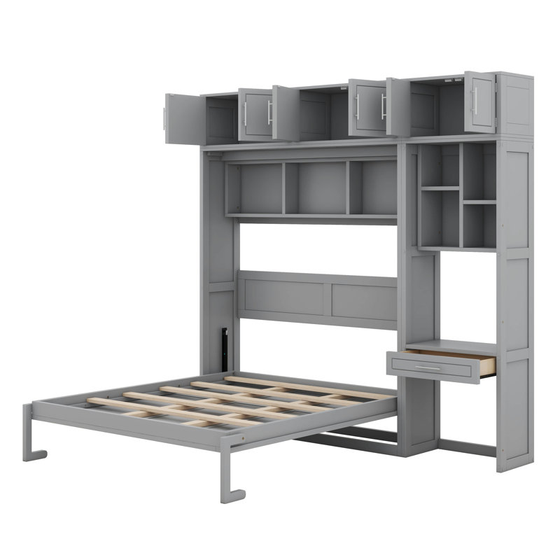 Grand lit escamotable mural avec bureau, armoire supérieure et tablettes de rangement, lit escamotable escamotable en bois pour bureau à domicile
