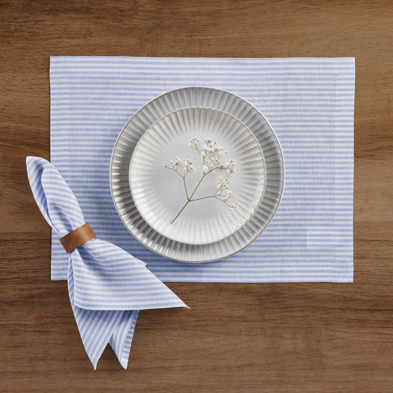Cornflower Blue and White Striped Linen Dinner Napkins Set