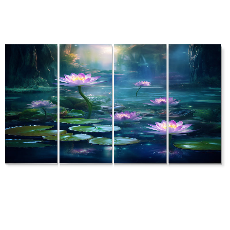 «Pink Lotus Flower Pond Misty Magic - Lake», art mural 4 pièces, H 32 po x l 64 po