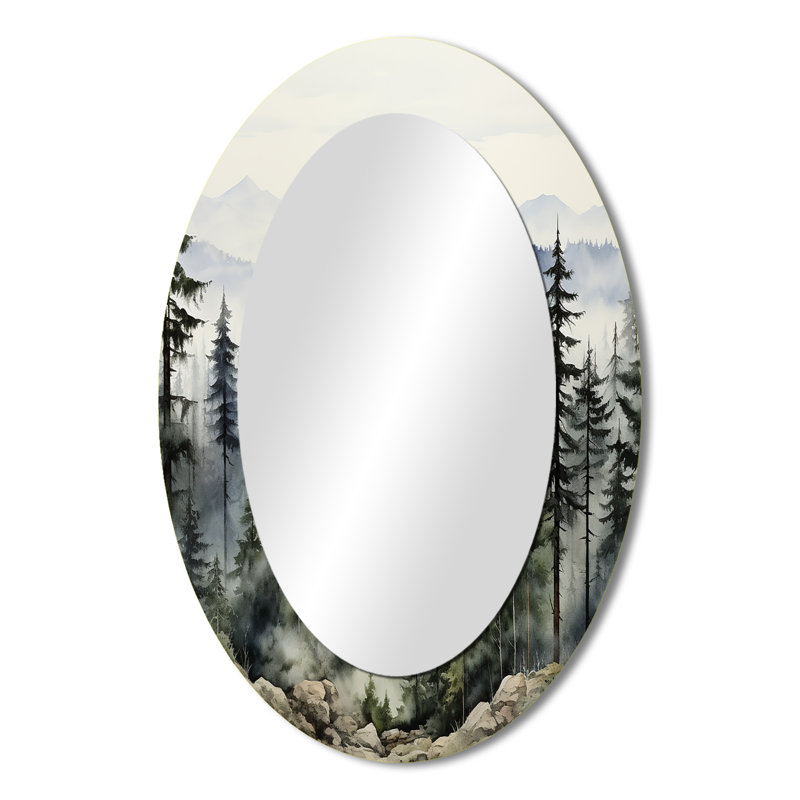 Pin Misty Mountain I - grand miroir mural ovale sur métal, 36 po x 24 po