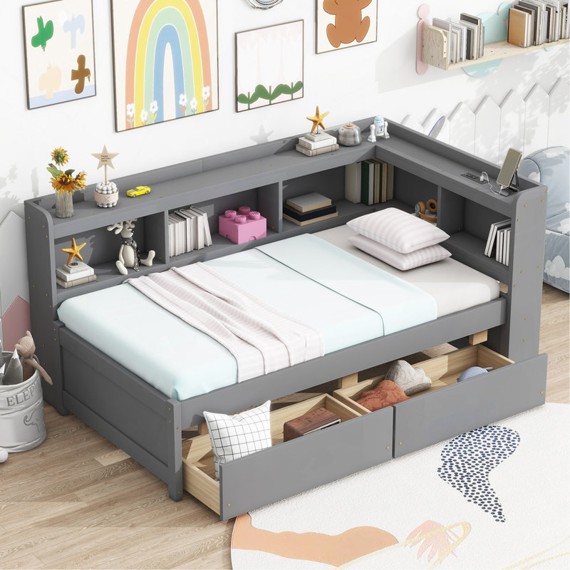 Lit simple en forme de L avec bibliothèques avec prises de courant, ports de chargement USB, deux tiroirs, Lit simple, Gris