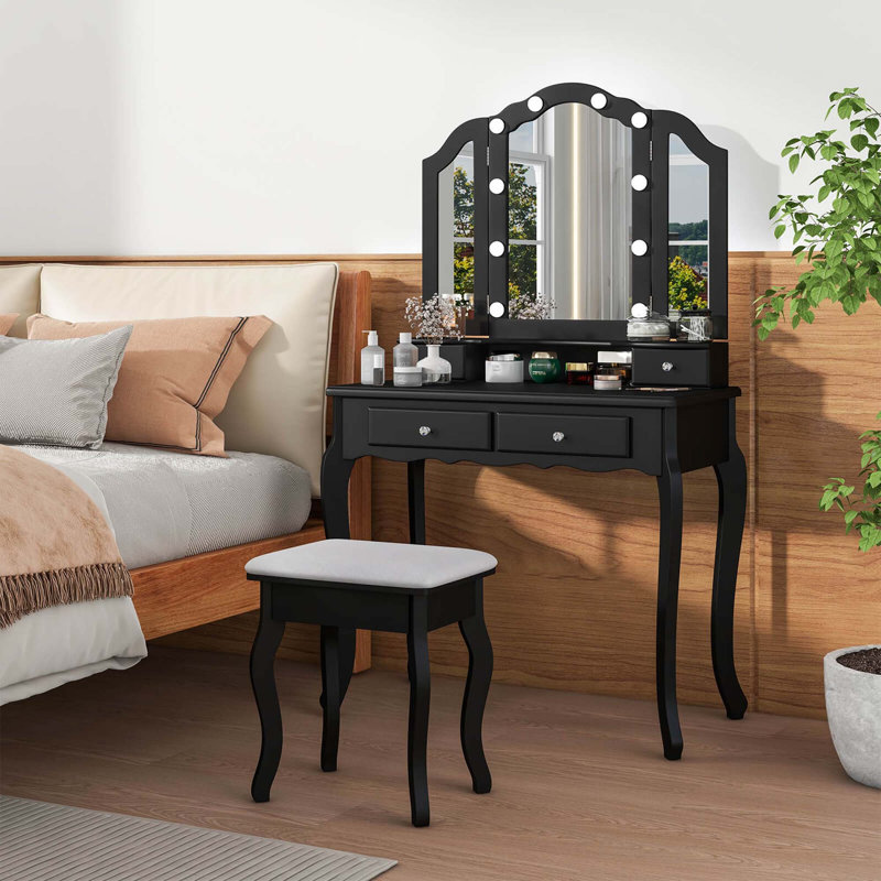 Ensemble de coiffeuse avec miroir à trois volets et lumières DEL, Noir, noir, noir, noir