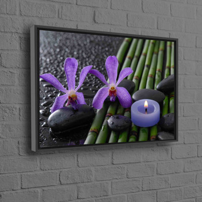 Large Zen Candle Orchid Bamboo Grove 3D Wall Art on Canvas with Black Stones